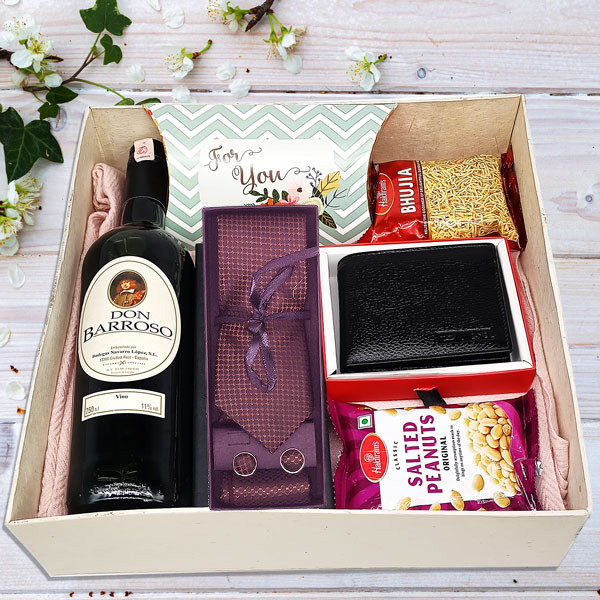 Tie & Wallet Gift Hamper With Haldiram Snacks & Sweet Wine