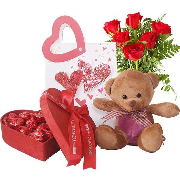 Heart Chocolate Box, Teddy & Roses