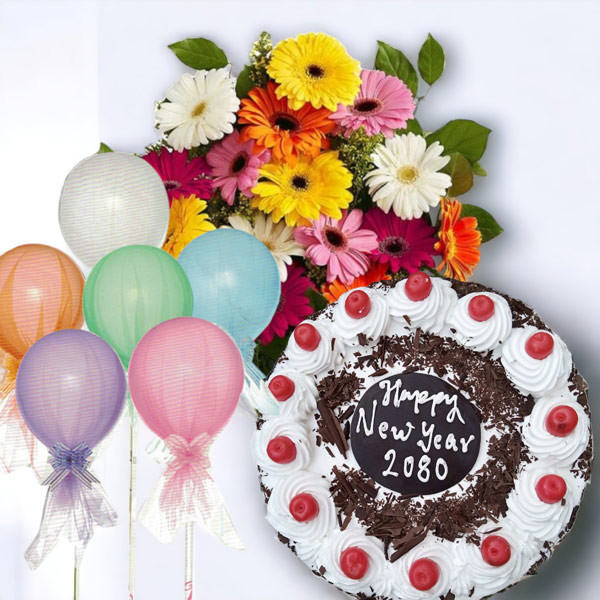 Beautiful Mixed Gerbera Daisy with Cake & Party Balloons