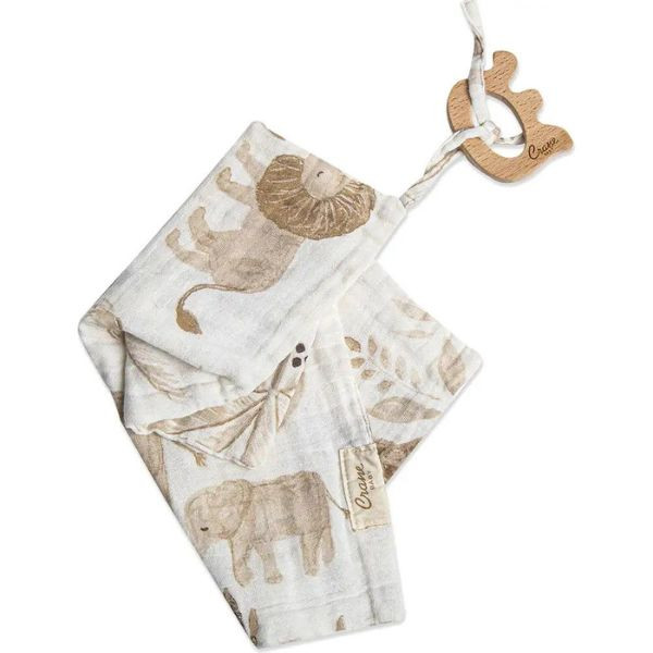 Crane Baby Elephant Wooden Teether & Muslin Kendi Animal Security Blanket