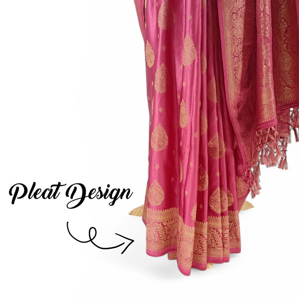 Graceful Rouge Pink Banglori Silk Saree Adorned with Golden Floral Accents