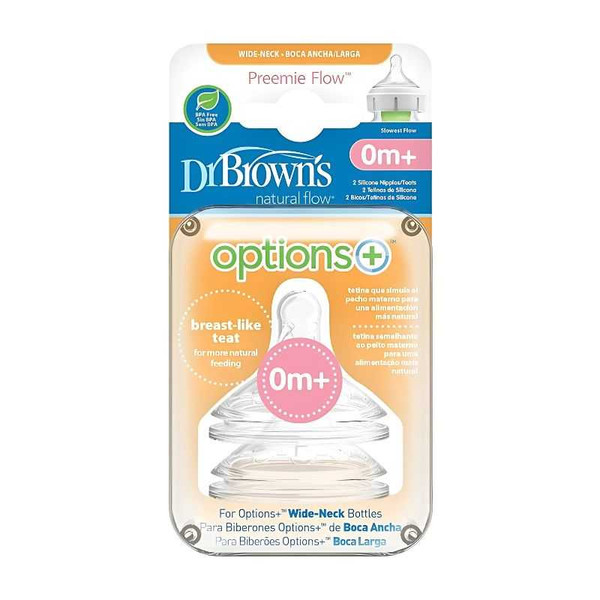 Dr.Brown's Preemie Flow Level 1 Wide-Neck Silicone Nipple, 2-Pack WN0201-INTLX