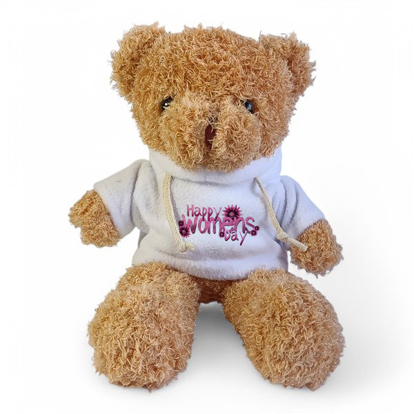 Happy Women's Day- Printed on Hoodie of Brown Teddy Bear