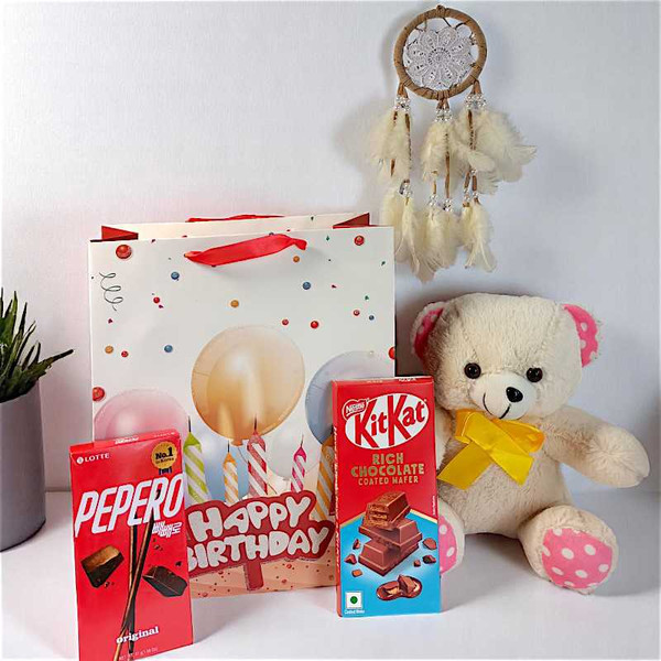 Birthday Gift with Teddy, Chocolates & Dreamcatcher Birthday Gift with Teddy, Chocolates & Dreamcatcher
