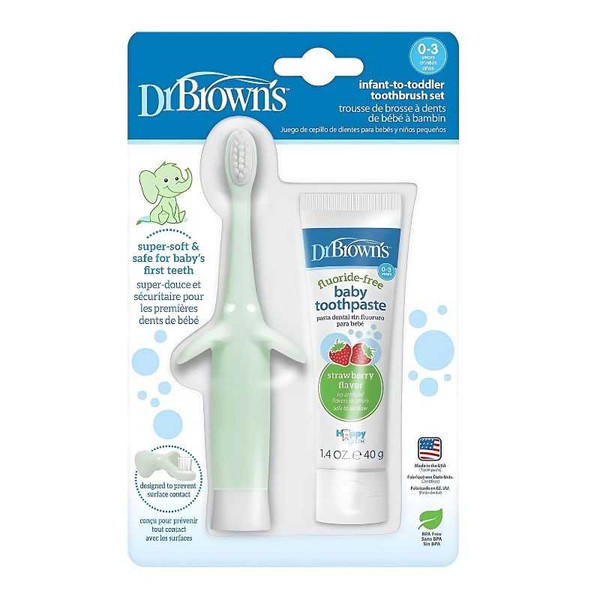 Dr.Brown's Infant-to-Toddler Toothbrush, Mint Elephant, with Strawberry Toothpaste, 1.4 oz/40g HG036