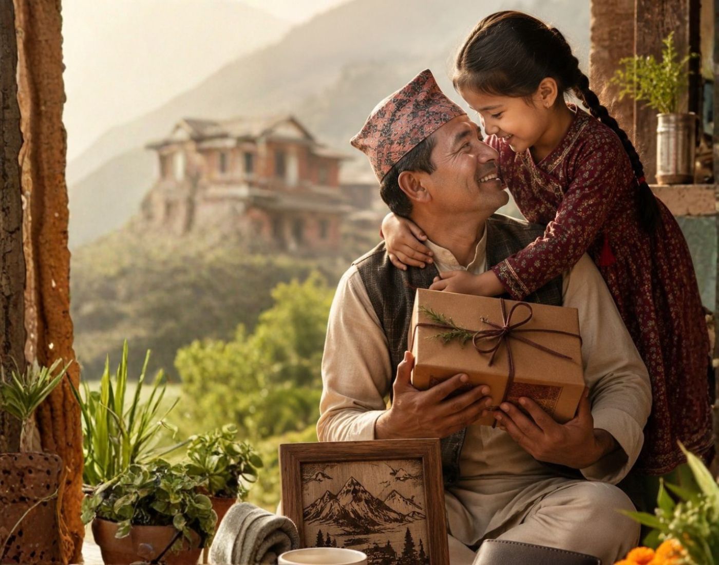 A father in Nepal receiving a Kushe Aunsi gift hamper