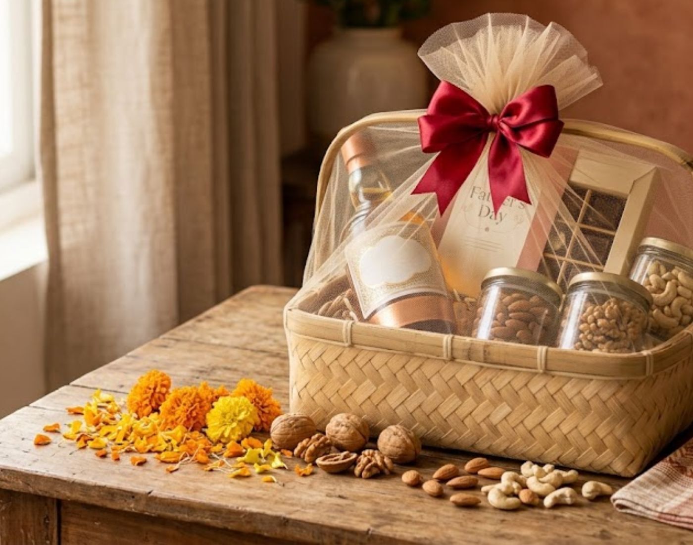 Curated gift hamper packed with chocolates, dry fruits and treats