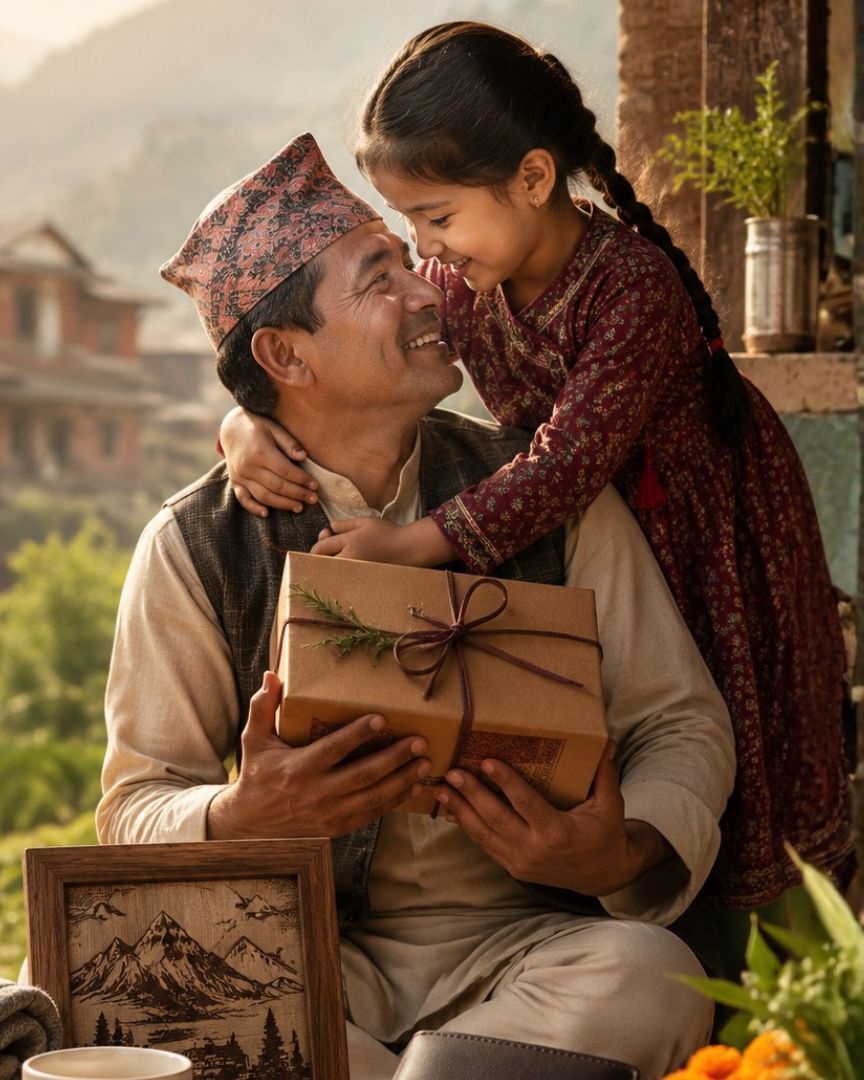 Father receiving a Kushe Aunsi Father's Day gift hamper in Nepal