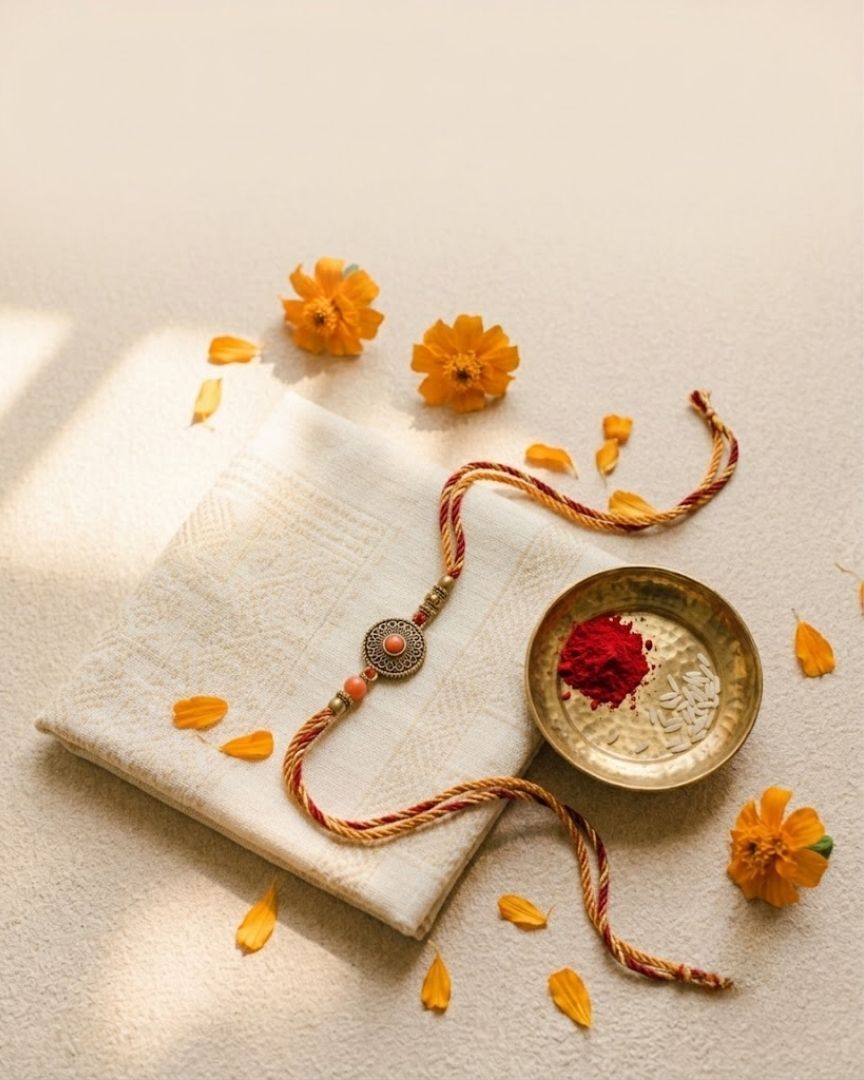 A rakhi thread and brass puja thali laid out on Dhaka cloth for Raksha Bandhan