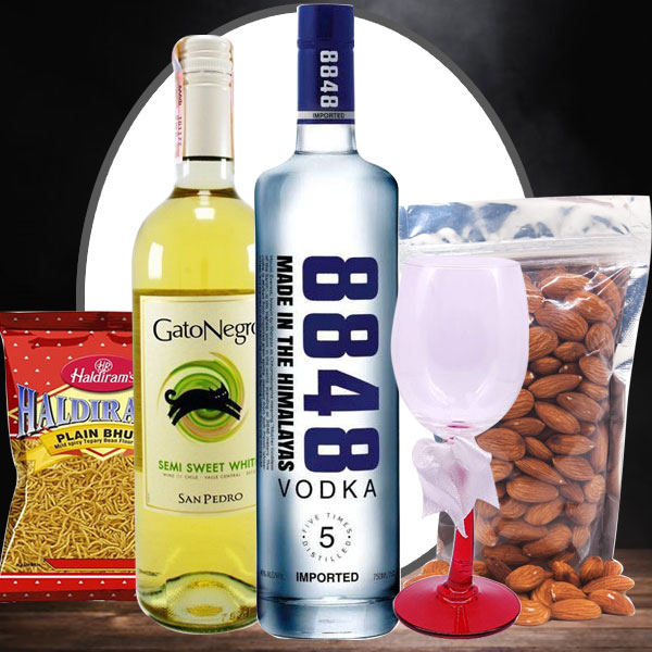 Celebratory Gato Negro Wine & 8848 Vodka with Glass, Namkeen