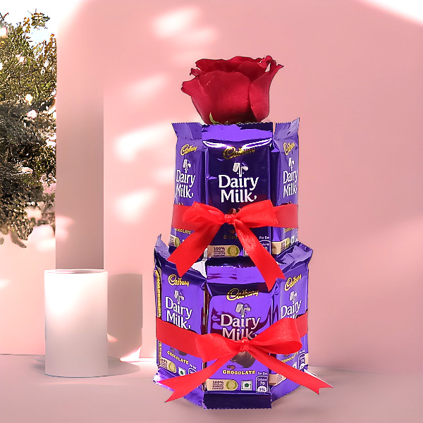 Layer Of Dairy Milk Chocolates With Single Rose