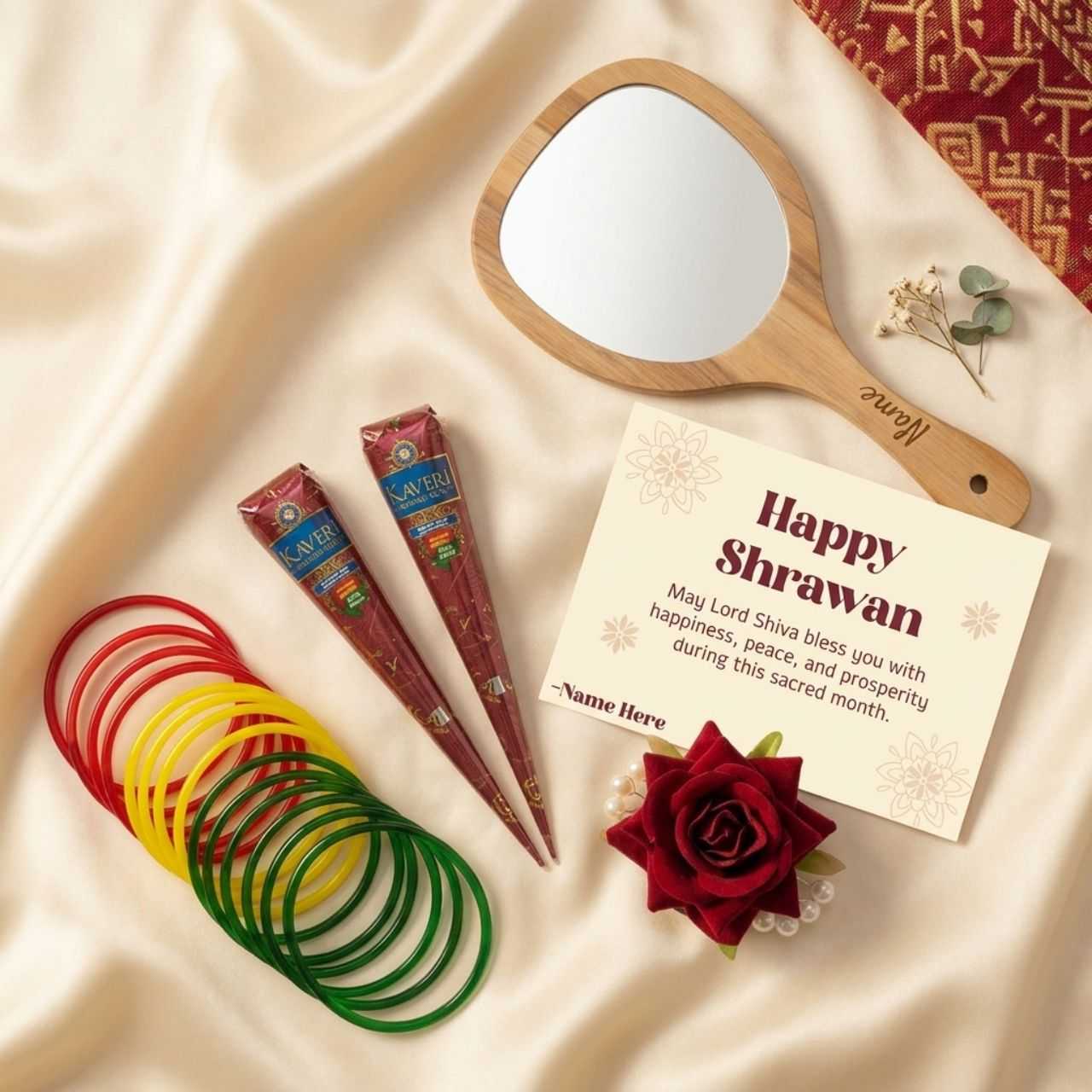 Shrawan gift basket with green bangles, mehendi cones and beauty treats