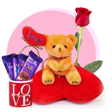 Valentine Love Mug, Cadbury Silks and Heart Teddy Combo (Free Rose)