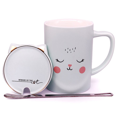 Printed Kitty Design Ceramic Mug With Spoon & Lid (Green)
