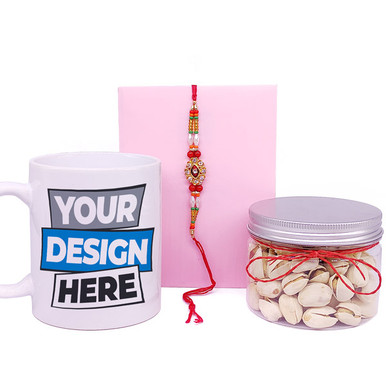 Rakhi, Mug Print and Pista Snack Jar and Cash Sagun Option