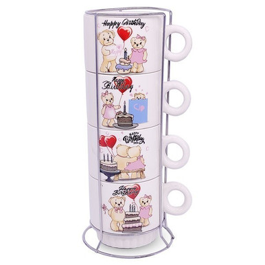 'Happy Birthday' Printed Ceramic Mug with Stand - 4 Pcs