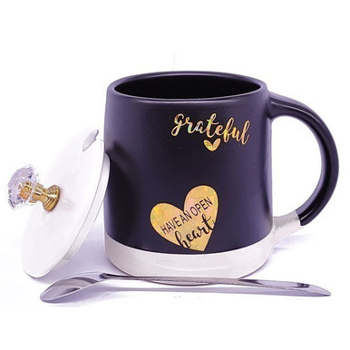 'Grateful Have an Open Heart' Printed Ceramic Mug With Lid & Steel Spoon