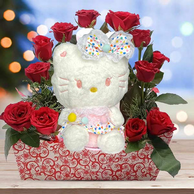 Cute Hello Kitty Teddy With Red Roses (Kitty Teddy Design May Vary ...