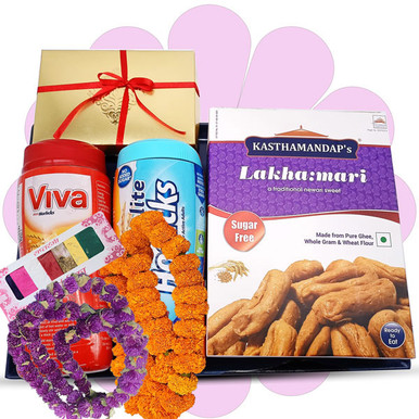 Tray with Horlicks, Viva & Sweets (Free Saptarangi Tika) Tihar Bhaitika ...