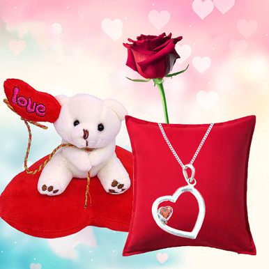 Love Teddy Bear with Silver Heart Pendant Necklace (Free Rose)