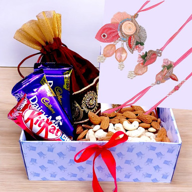 4 Set Rakhi, Sweets & Dry Nuts in Box Gift Hamper