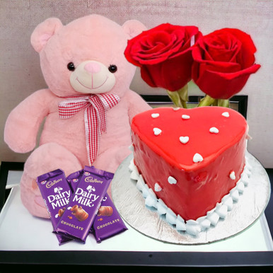 Cute Pink Teddy with Roses & Chocolates Cakes Gift to Nepal | Giftmandu
