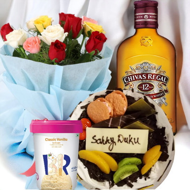 Chivas Regal 12 Years Whisky With Cake, Ice-cream & Roses Bunch