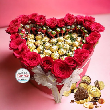 Red Roses & Ferrero Chocolates Heart Gift Box