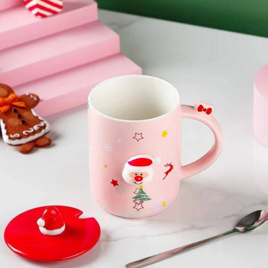 Pink Santa Claus Pattern Ceramic Mug With Lid & Spoon