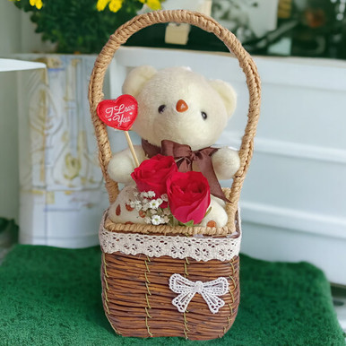 Teddy With Rose In A Basket Valentine's Day Gift to Nepal | Giftmandu