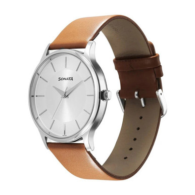 Sonata White Dial Analog Brown Leather Strap Men's Watch