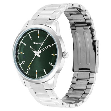 Sonata Force Quartz Analog Green Dial Stainless Steel Strap Watch for Men - 7146SM03