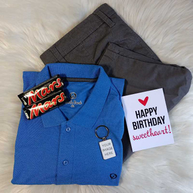 Birthday Gift Set for Him – T-Shirt, Pants, Mars Chocolates & Keyring