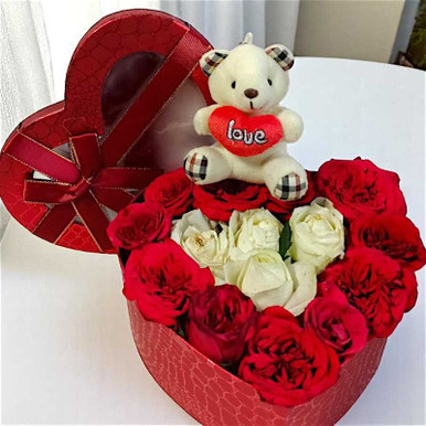 Red & White Roses Heart Box with Teddy Keyring Valentine's Day Gift to ...