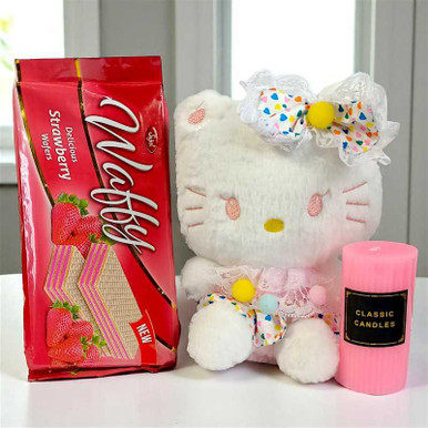 Wafers, Candle And Kitty Teddy Set Gift Hampers Gift to Nepal | Giftmandu