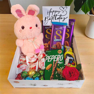 Adorable Birthday Box with Pink Rabbit & Chocolates JNK-3980