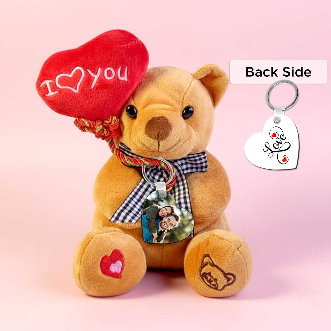 Cute Brown Teddy & Personalized Photo Keyring Gift Set