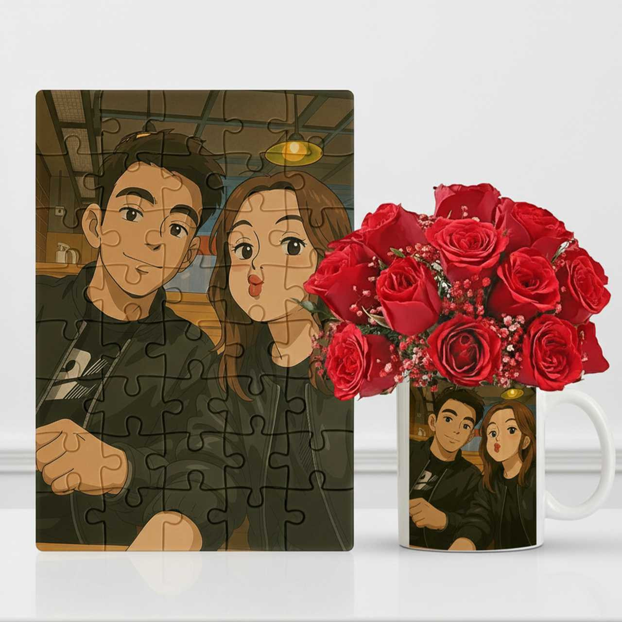 Personalized 126-Piece Photo Puzzle with Mug & 12 Red Roses