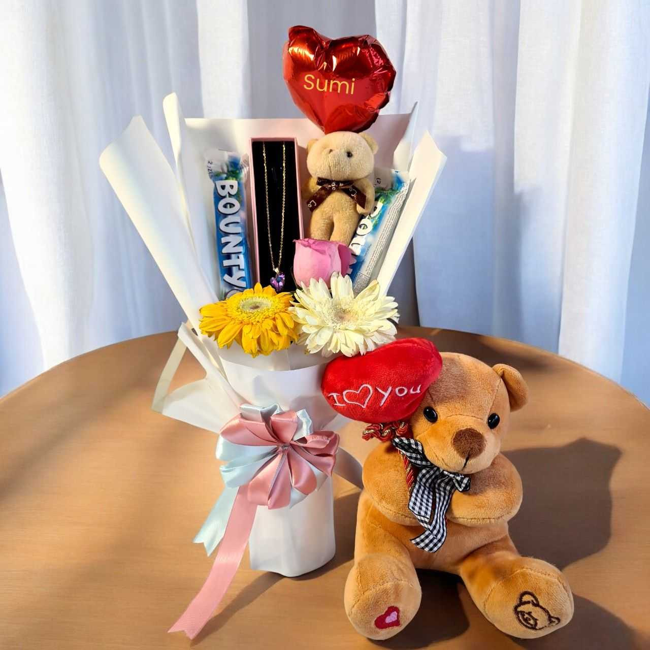 Flower & Teddy Bouquet with Chocolate, Jewelry & Personalized Balloon
