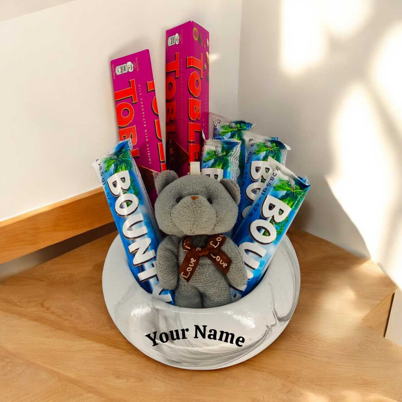 Teddy Keyring & Chocolates in a Personalized Pot