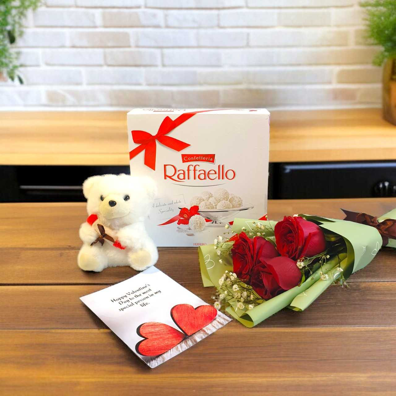 Red Roses, Raffaello & Teddy Keychain Gift Combo