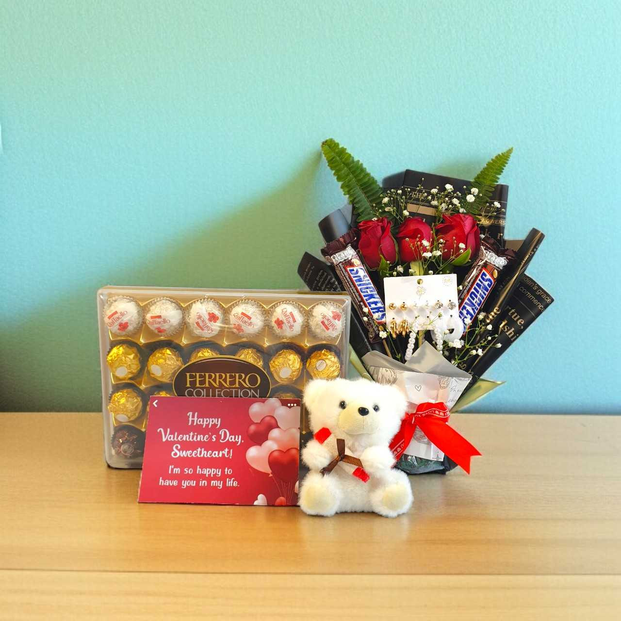 Romantic Gift Set- Plush With Chocolates, Roses & Earrings Bouquet For Her