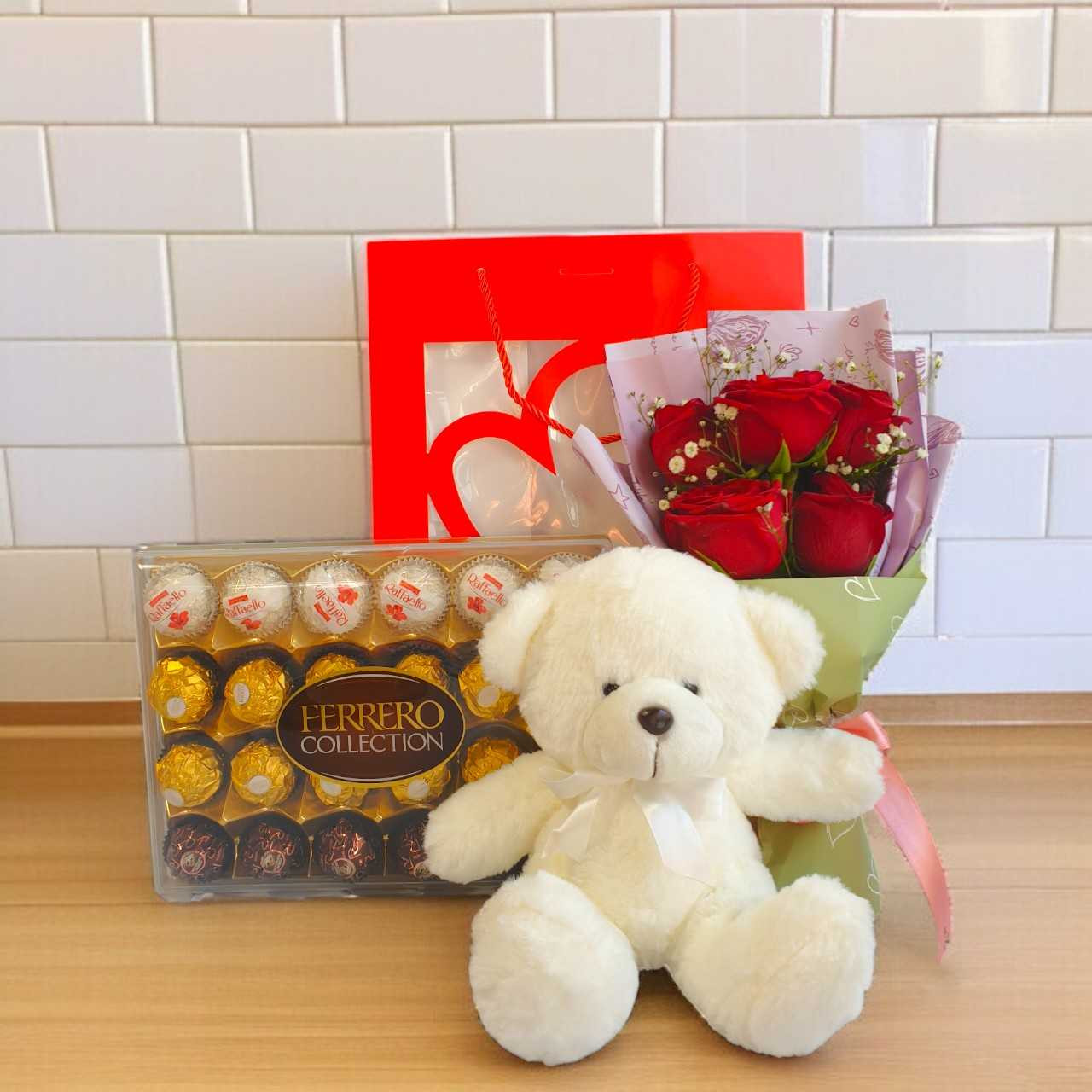 Teddy with Ferrero Rocher & Rose Bouquet