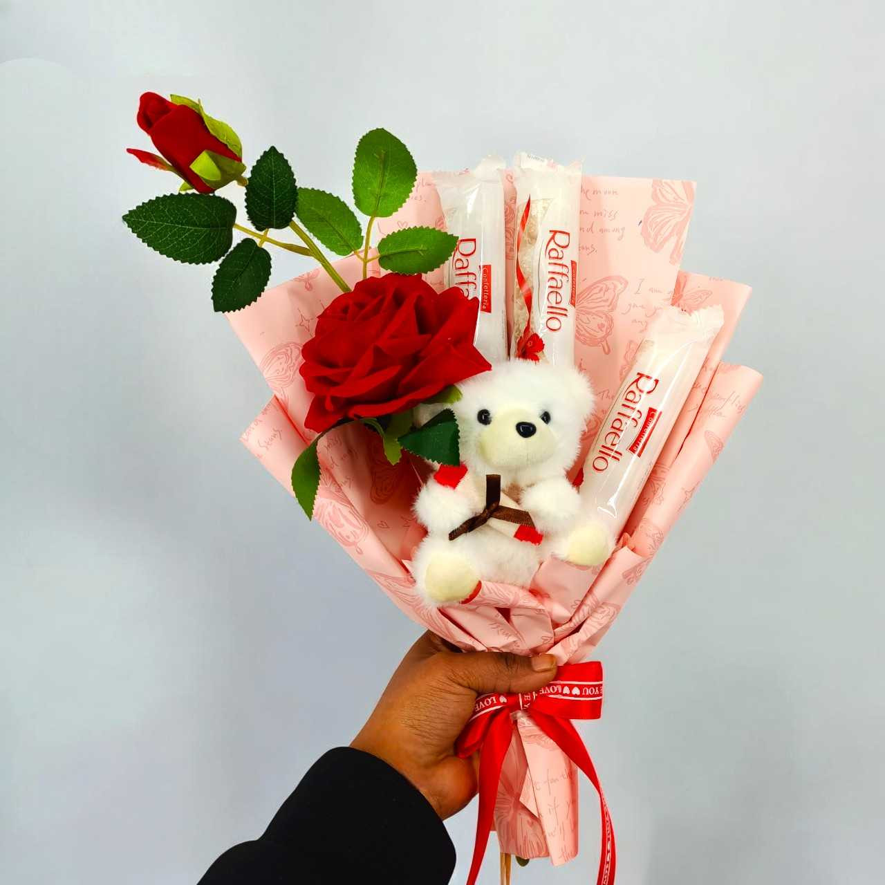 Teddy Keyring with Chocolates & Artificial Rose Bouquet