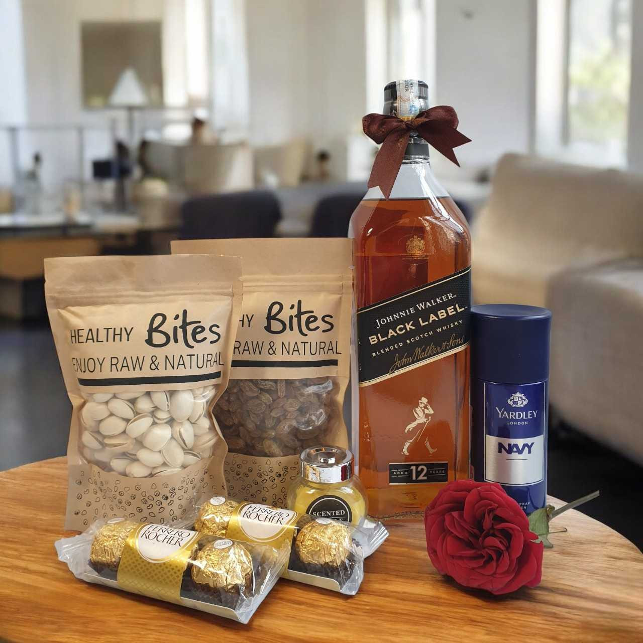 Whisky, Chocolate & Dry Nuts Gift with Free Rose