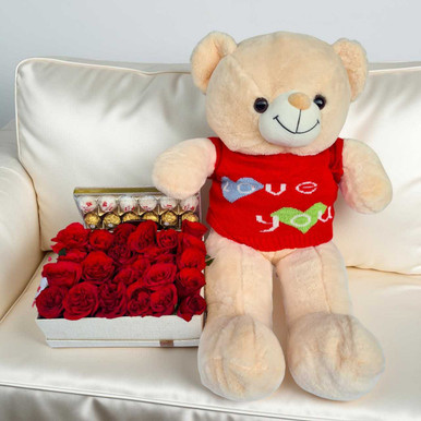rose toy masturbate A girl and a toy bear are sitting in an embrace in a blooming rose garden  Metal Print by Kirill Rikart main image 1