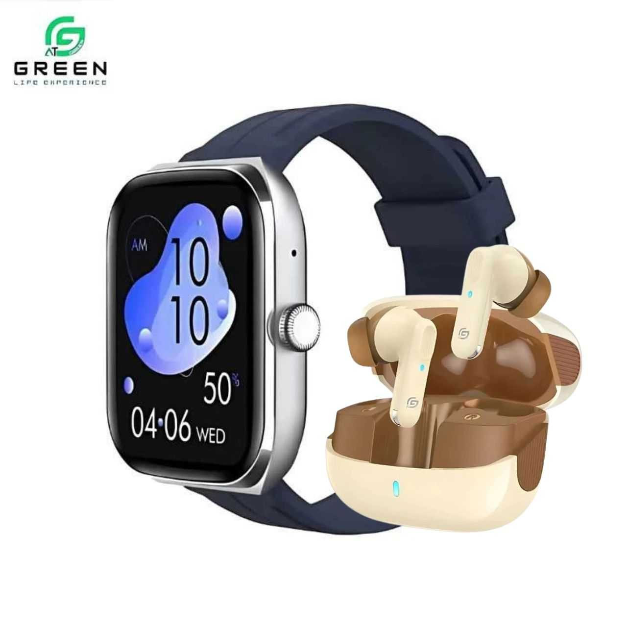 Green Combo Earbuds & Metallic Smartwatch