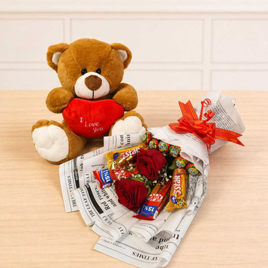 Romantic Teddy & Chocolate Bouquet with Roses Gift Set Gift to Nepal ...