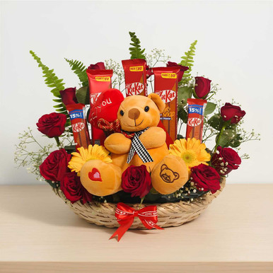 Romantic Teddy & Chocolate Gift Basket with Fresh Flowers Gift to Nepal ...