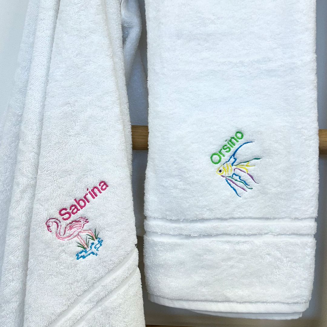 Bath Towel Flamingo & Fish Embroidery